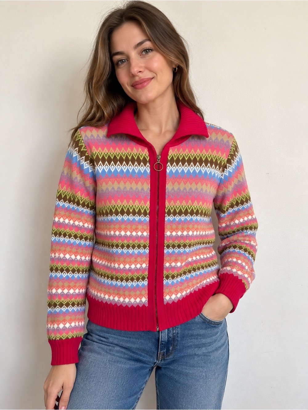 Liz Claiborne Petite L Fair Isle Zip Cardigan Colorful Cotton Blend Sweater